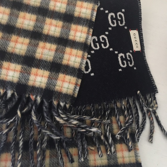 NWT Gucci 597527 4G200 Plaid Gg Pattern Wool 100 Reversible Muffler. - Picture 5 of 9